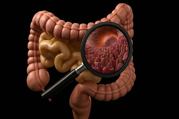 bağırsak villi ve bağırsak kaplama mikroflorasını gösteren, sindirim, emilim ve mide sağlığını ön plana çıkaran insan bağırsaklarının anatomik çizimi