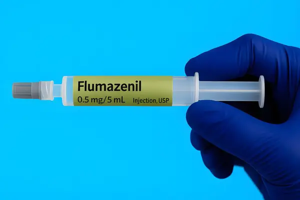Temiz mavi arka planda eldivenli elle tutulan temiz bir şırıngada 0.5 mg / L flumazenil enjeksiyonu. Aşırı dozda benzodiazepini tersine çevirmek ve uyuşturucu güvenliği bilincini arttırmak için kullanılır.