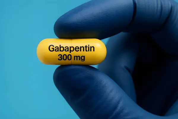 Mavi tıbbi eldivenler arasında tutulan sarı bir Gabapentin 300mg kapsülünün yüksek çözünürlüklü fotoğrafı, sağlık, ilaç, nöroloji ve eğitim kullanımı için mükemmel..
