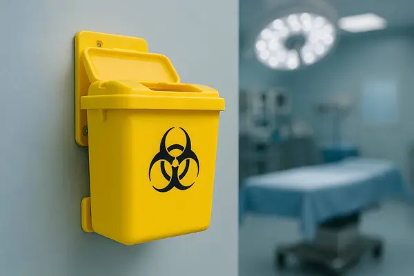 Steril bir ameliyathanenin duvarına sabitlenmiş sarı diyez kabının yüksek çözünürlüklü tıbbi fotoğrafı. Hastane güvenliği, enfeksiyon kontrolü ve sağlık konuları için ideal.