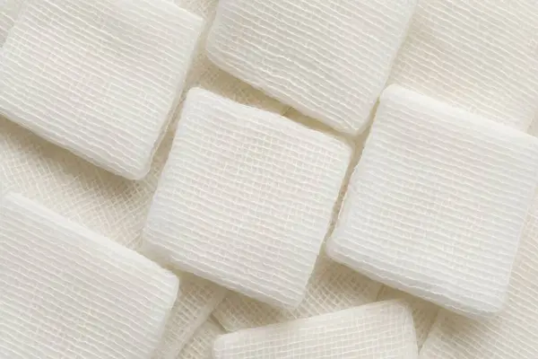 Steril cerrahi gazlı bez pedleri üst üste dizilmiş. Tıbbi, hastane, acil durum, yara bandı ve sağlık ürünleri için ideal.