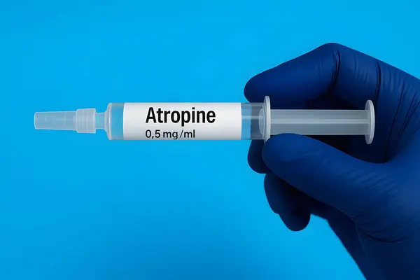 Üzerinde 0.5 mg / ml yazan mavi eldiven giyen bir doktorun tuttuğu Atropin enjeksiyonunun yakın çekimi. Acil tıp, anestezi ve yoğun bakım konsepti.