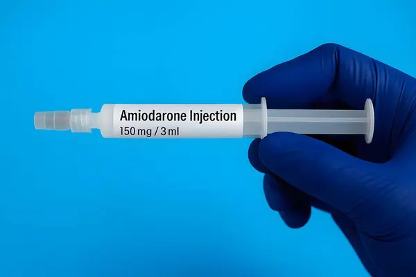 Mavi eldivenli bir doktor tarafından mavi arka planda tutulan 150 mg / 3 ml etiketli Amiodaron enjeksiyonunun yakın çekimi. Acil tıp, kardiyoloji ve kritik bakım görüntüleri için ideal..