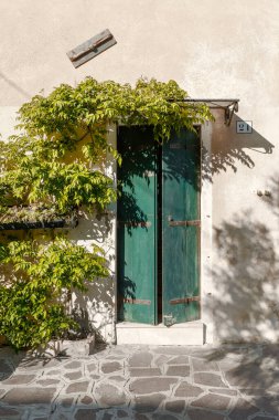 Eski bir İtalyan evinin ön kapısı ve yeşilliği.