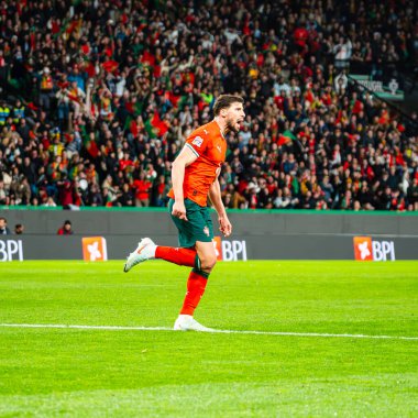 Lizbon, Portekiz. 23 Mart 2025. UEFA Uluslar Ligi: Portekiz-Danimarka maçı. Ruben Dias gol Portekiz kutlaması