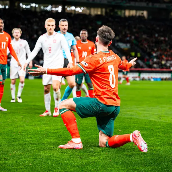 Lizbon, Portekiz. 23 Mart 2025. UEFA Uluslar Ligi: Portekiz - Danimarka. Bruno Fernandes faul yaptıktan sonra