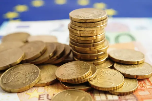 Para ve AB bayrağına Avro sikkeleri.