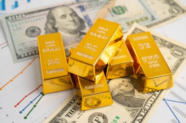 Amerikan doları banknotunda altın külçeleri, finans sektörü yatırım para birimi.