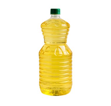 Plastik şişedeki sebze yağı kesme yolu olan beyaz arka planda izole edilmiş..