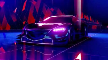 Araba ve şehir neon siber punk tarzında. 80 'lerin retro dalga arka planı 3D animasyon. Retro fütüristik araba neon şehirden geçiyor. Kusursuz döngünün 3d görüntüsü