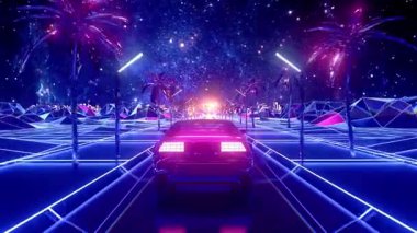 Araba ve şehir neon siber punk tarzında. 80 'lerin retro dalga arka planı 3D animasyon. Retro fütüristik araba neon şehirden geçiyor. Kusursuz döngünün 3d görüntüsü