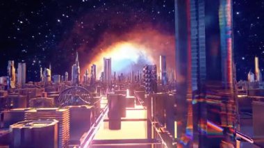 Gelecekçi siber punk şehri ufuk çizgisi uçup gidiyor. Üç boyutlu animasyon döngüsü. Bilimkurgu neon ışıkları. 80 'lerin arka plan döngüsü. 4k