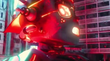 Cyberpunk City 'deki yeni ışıklandırılmış robot. Fütürist Dijital Sanat İllüstrasyonu. VJ döngüsü