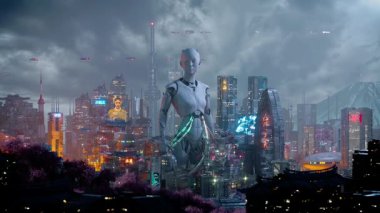 Döngü vj robotu. Devasa Robotik Figürlü Gelecekçi Şehir Bir Siber Punk Metropolünün Dijital Boyaması