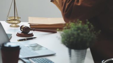 Hukuk bürosu avukatı, dizüstü bilgisayarı ve kitapları olan yargıç Tokmak.