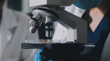 Laboratuvarda mikroskobu olan bir bilim adamına yakın çekim yapın.