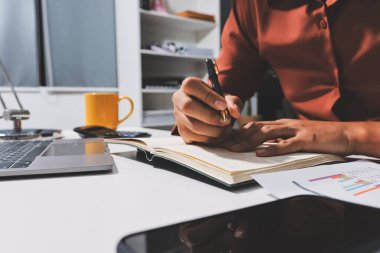 Evden çalışan, iş kadını dizüstü bilgisayar kullanıyor ve mali raporları analiz ediyor..