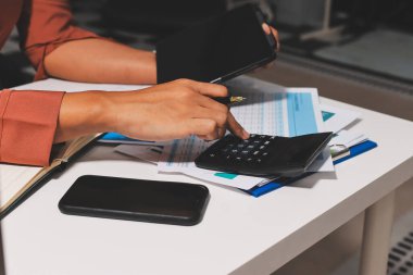 Evden çalışan, iş kadını dizüstü bilgisayar kullanıyor ve mali raporları analiz ediyor..