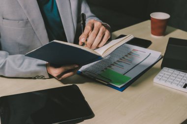 Evden çalışan, iş kadını dizüstü bilgisayar kullanıyor ve mali raporları analiz ediyor..