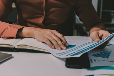 Evden çalışan, iş kadını dizüstü bilgisayar kullanıyor ve mali raporları analiz ediyor..