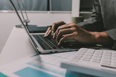 Evden çalışan, iş kadını dizüstü bilgisayar kullanıyor ve mali raporları analiz ediyor..