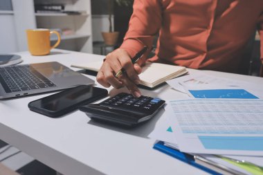 Evden çalışan, iş kadını dizüstü bilgisayar kullanıyor ve mali raporları analiz ediyor..