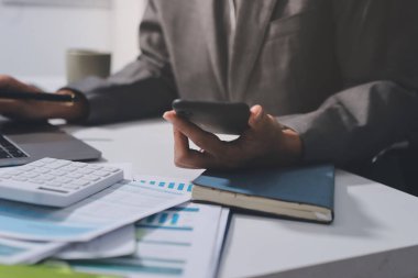 Evden çalışan, iş kadını dizüstü bilgisayar kullanıyor ve mali raporları analiz ediyor..
