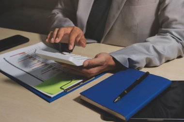 Evden çalışan, iş kadını dizüstü bilgisayar kullanıyor ve mali raporları analiz ediyor..