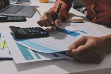 Evden çalışan, iş kadını dizüstü bilgisayar kullanıyor ve mali raporları analiz ediyor..