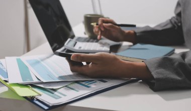 Evden çalışan, iş kadını dizüstü bilgisayar kullanıyor ve mali raporları analiz ediyor..