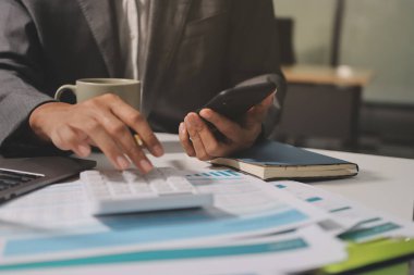 Evden çalışan, iş kadını dizüstü bilgisayar kullanıyor ve mali raporları analiz ediyor..