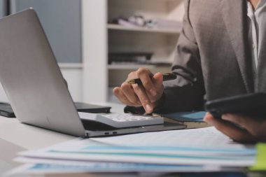 Evden çalışan, iş kadını dizüstü bilgisayar kullanıyor ve mali raporları analiz ediyor..