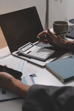 Evden çalışan, iş kadını dizüstü bilgisayar kullanıyor ve mali raporları analiz ediyor..