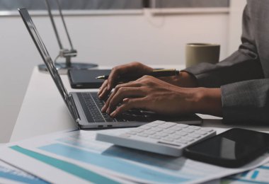 Evden çalışan, iş kadını dizüstü bilgisayar kullanıyor ve mali raporları analiz ediyor..