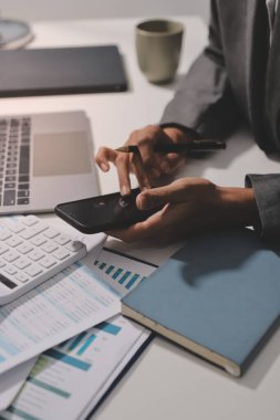 Evden çalışan, iş kadını dizüstü bilgisayar kullanıyor ve mali raporları analiz ediyor..