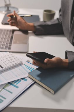 Evden çalışan, iş kadını dizüstü bilgisayar kullanıyor ve mali raporları analiz ediyor..