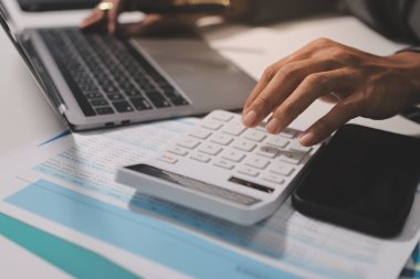 Evden çalışan, iş kadını dizüstü bilgisayar kullanıyor ve mali raporları analiz ediyor..