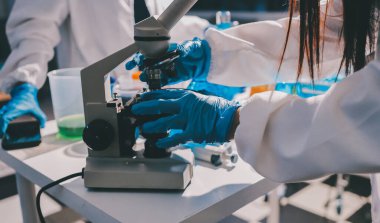 Bilimadamı laboratuarda tıbbi örnekleri mikro plakaya yerleştiriyor.