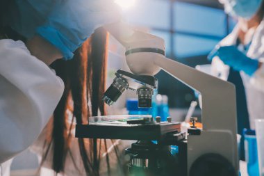 Bilimadamı laboratuarda tıbbi örnekleri mikro plakaya yerleştiriyor.