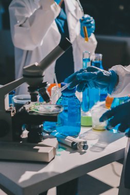 Bilimadamı laboratuarda tıbbi örnekleri mikro plakaya yerleştiriyor.