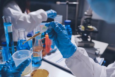 Bilimadamı laboratuarda tıbbi örnekleri mikro plakaya yerleştiriyor.