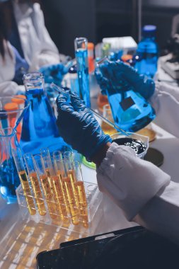 Bilimadamı laboratuarda tıbbi örnekleri mikro plakaya yerleştiriyor.