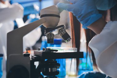 Bilimadamı laboratuarda tıbbi örnekleri mikro plakaya yerleştiriyor.