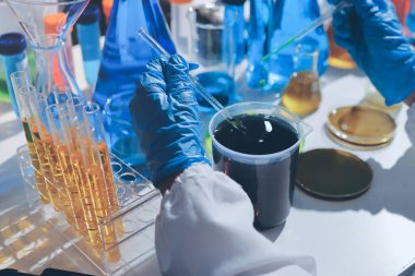 Bilimadamı laboratuarda tıbbi örnekleri mikro plakaya yerleştiriyor.