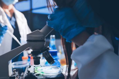 Bilimadamı laboratuarda tıbbi örnekleri mikro plakaya yerleştiriyor.