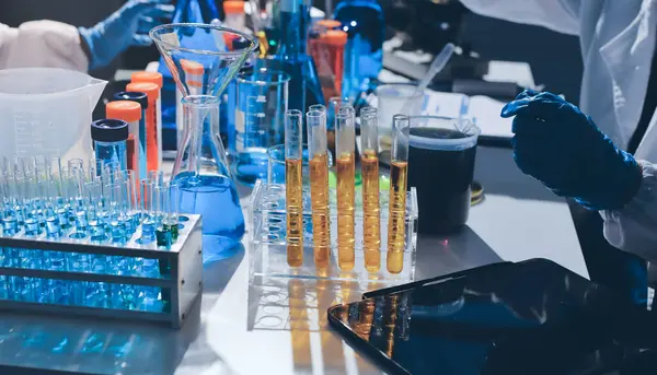 Bilimadamı laboratuarda tıbbi örnekleri mikro plakaya yerleştiriyor.