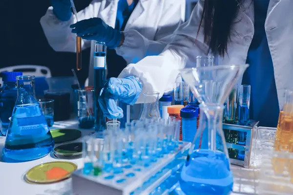 Bilimadamı laboratuarda tıbbi örnekleri mikro plakaya yerleştiriyor.