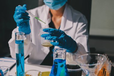 Bilimadamı laboratuarda tıbbi örnekleri mikro plakaya yerleştiriyor.