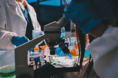 Bilimadamı laboratuarda tıbbi örnekleri mikro plakaya yerleştiriyor.