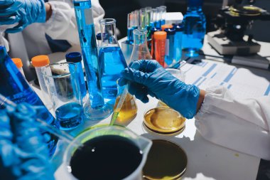 Bilimadamı laboratuarda tıbbi örnekleri mikro plakaya yerleştiriyor.